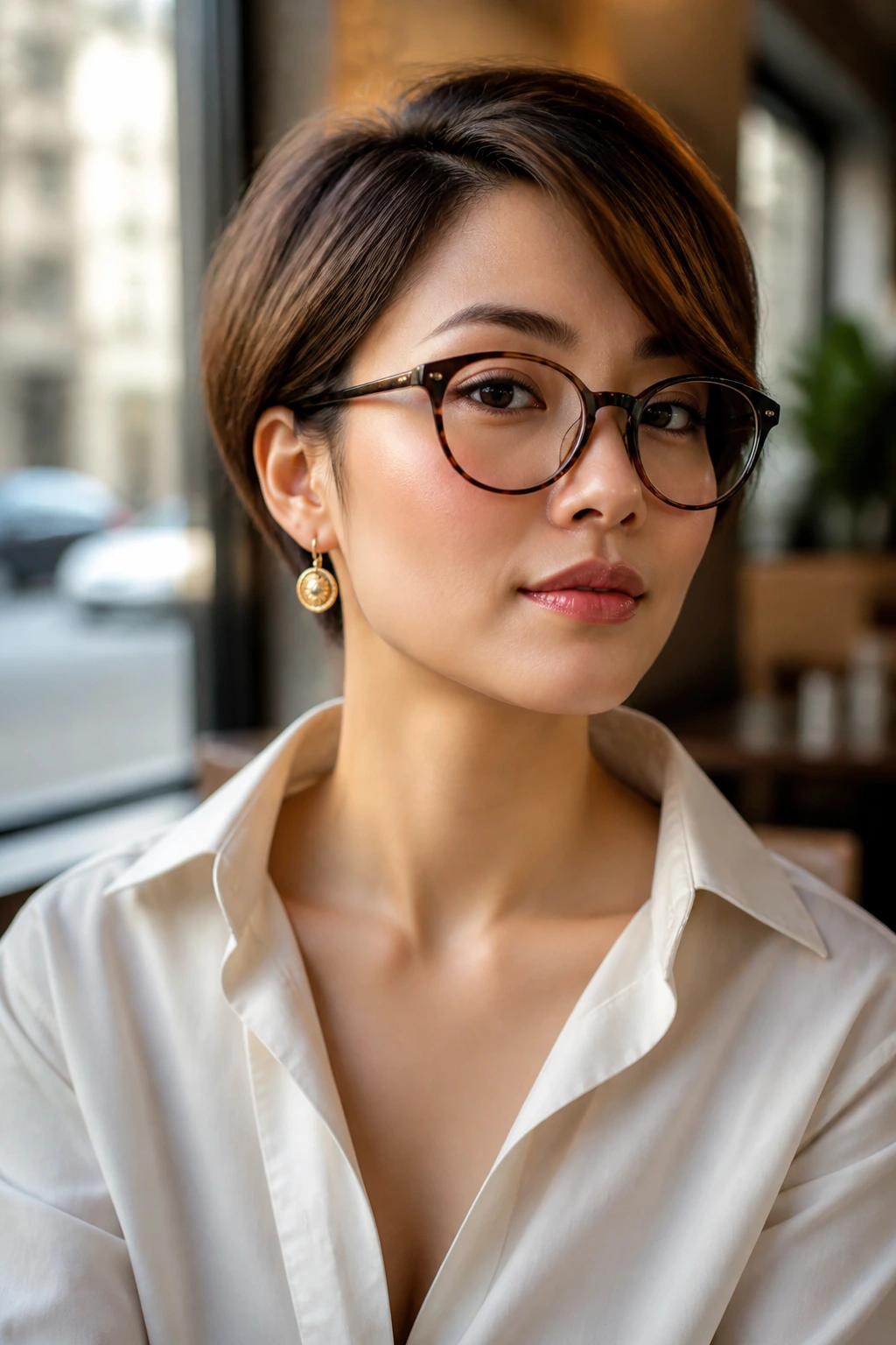 Portrait of woman with glasses and earrings showcasing a side-swept hairstyle