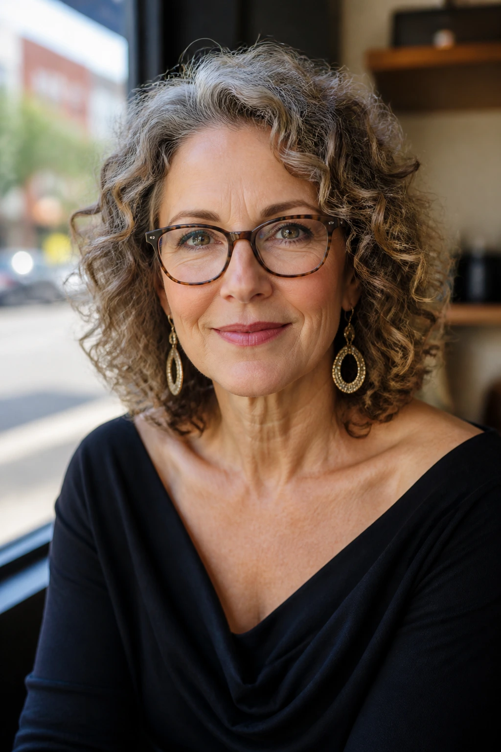 Real woman with glasses and earrings, hair styled away from the face