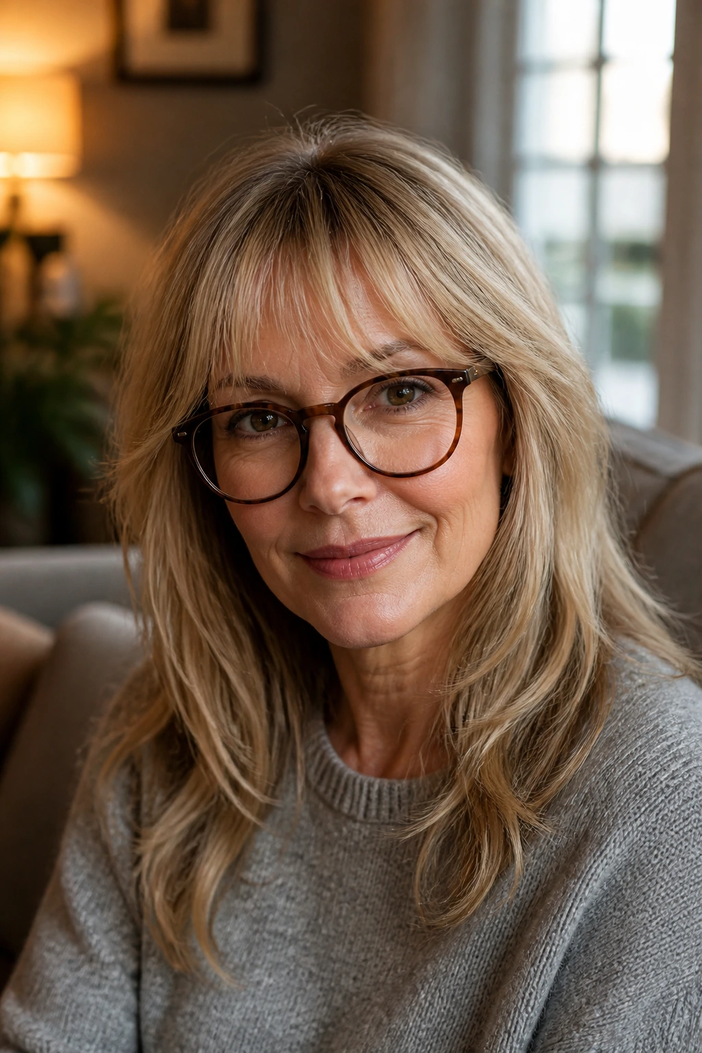 Close-up portrait of a real woman wearing glasses with feathered bangs that sit above the frames