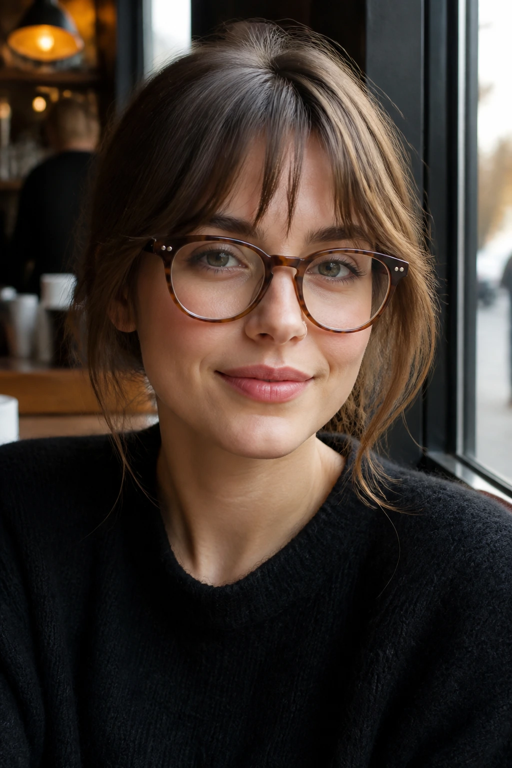 Close-up portrait of a real person wearing glasses with bottleneck bangs clear of lens line