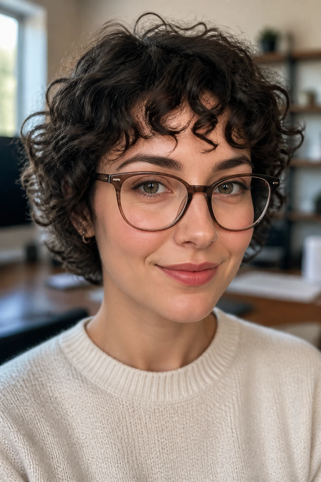 Close-up of a real woman with glasses and high-centered short bangs on curly hair
