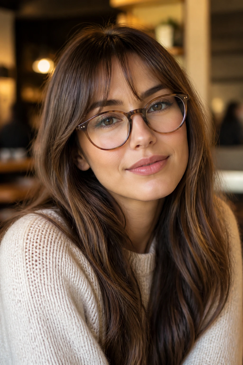 Close-up of a real woman wearing glasses with higher forehead bangs that avoid the frames