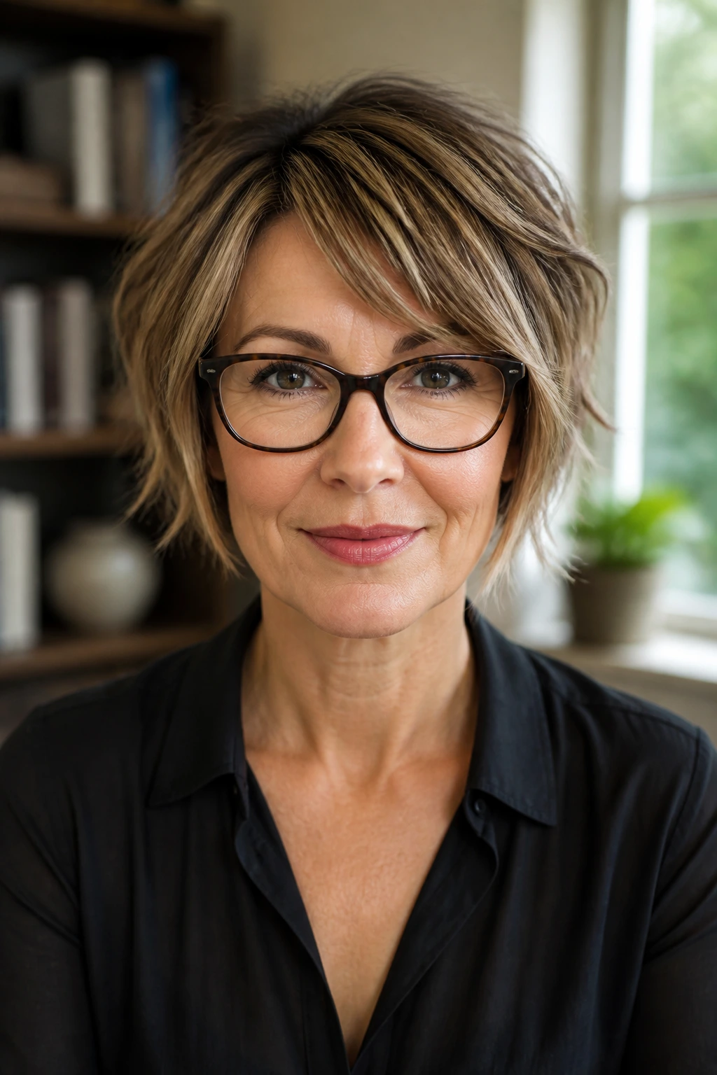 Portrait of a real woman wearing glasses with glasses-friendly choppy bob