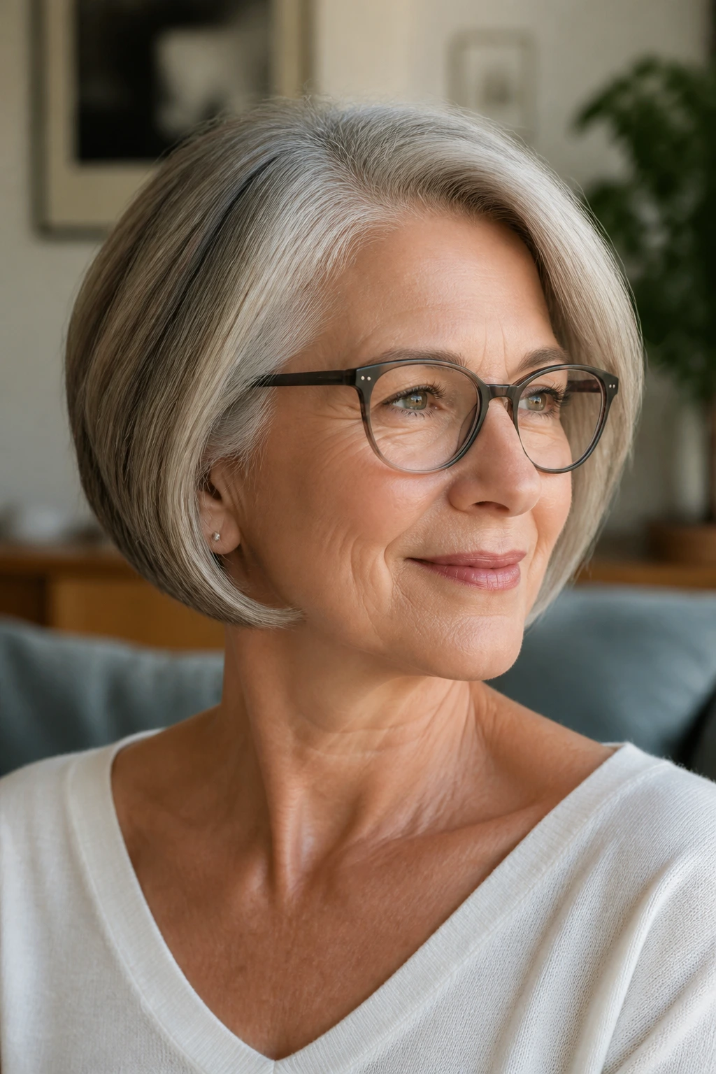 Close-up of a real woman with a glasses-friendly bob, soft frame and clear cheeks