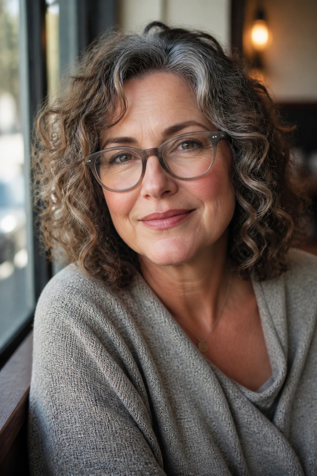 Real person with soft-frame glasses and medium curls