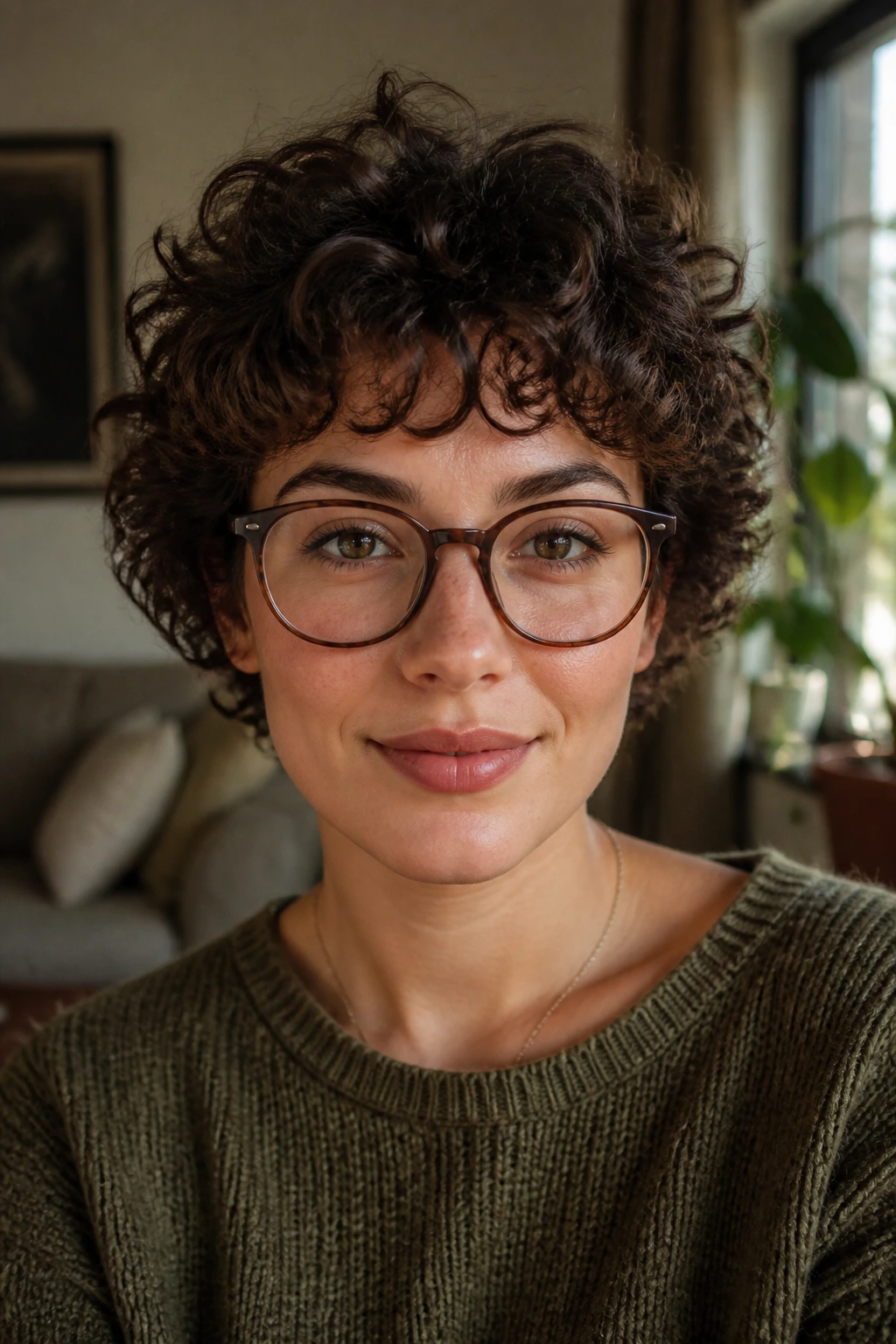 Close-up of a real woman with glasses and a lifted-bangs curly crop