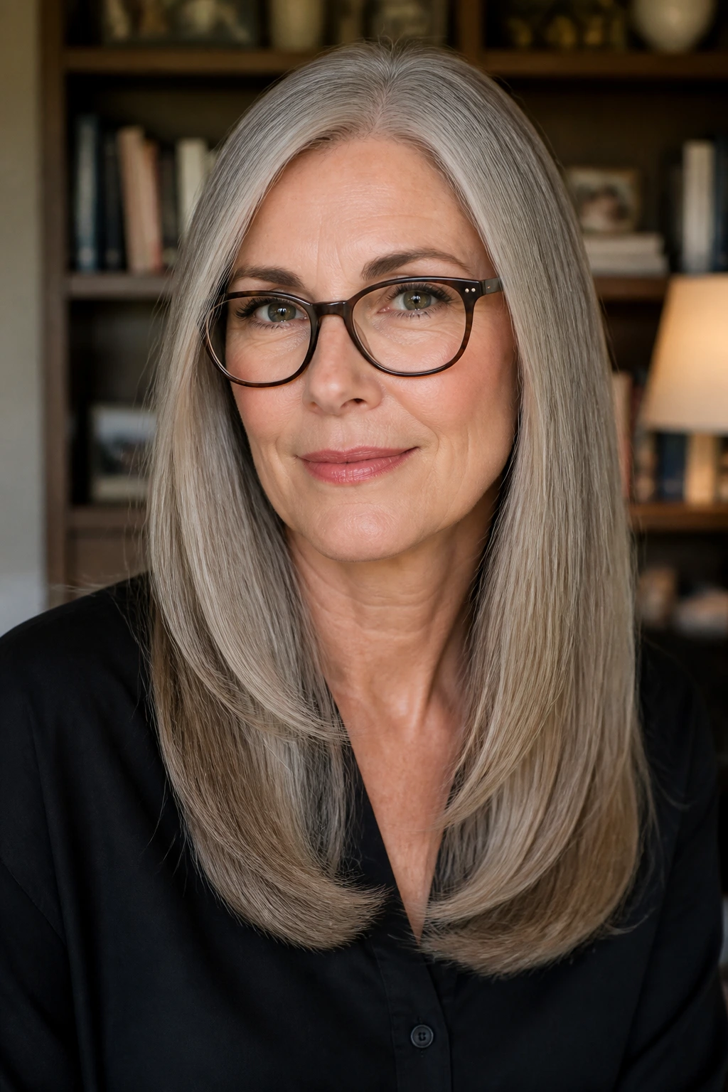 Woman with glasses-friendly long cut clearing the frames