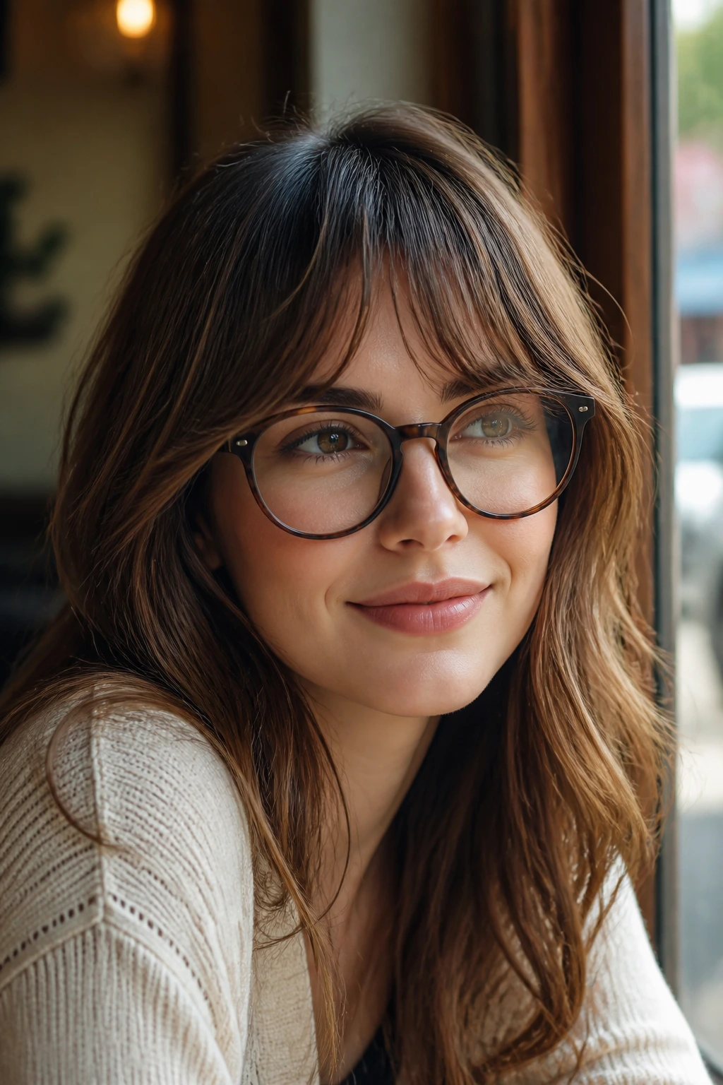 Person wearing glasses with a soft fringe swept aside the frames