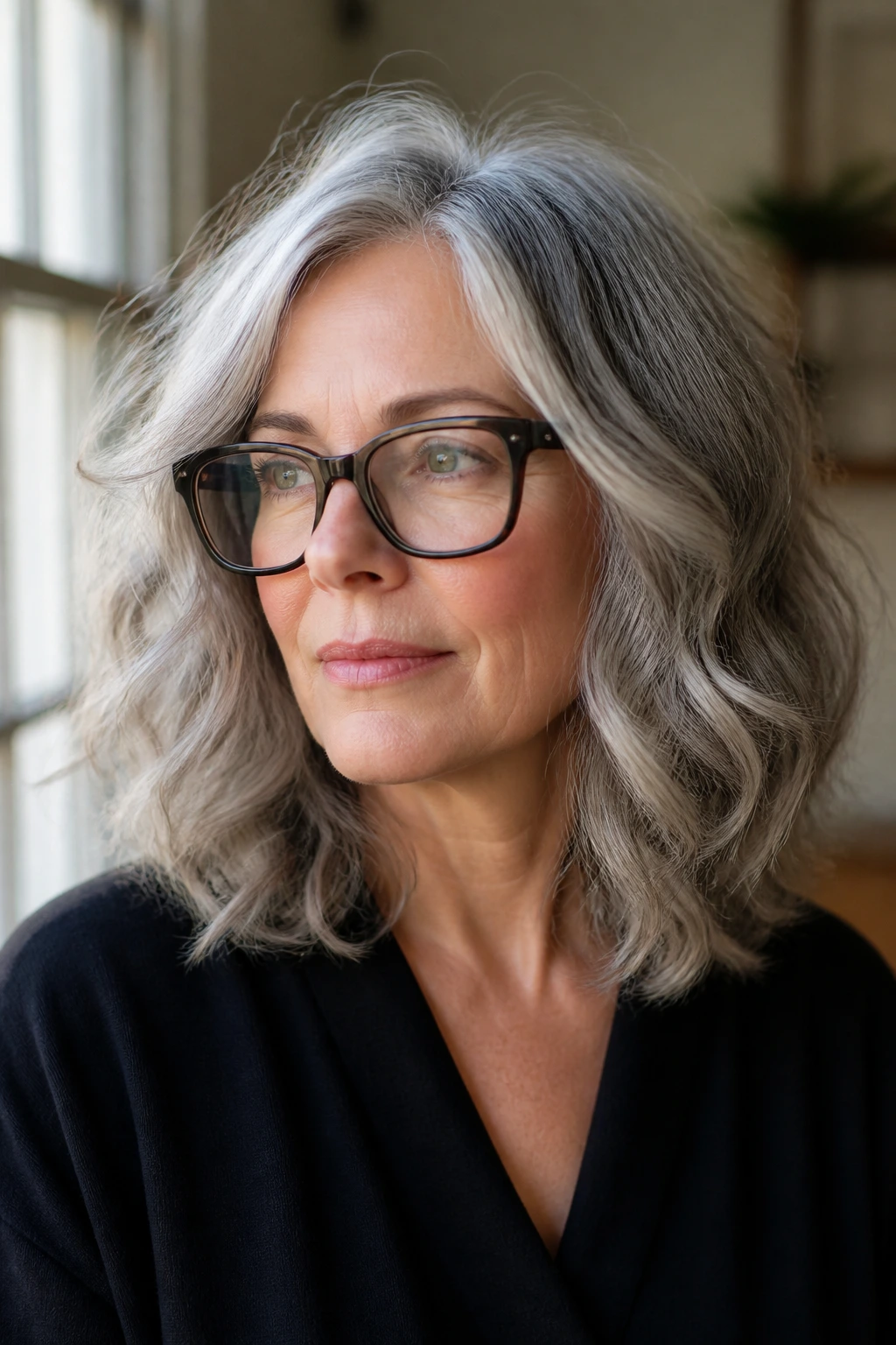 Woman with glasses and shoulder-length gray waves in glasses-friendly style