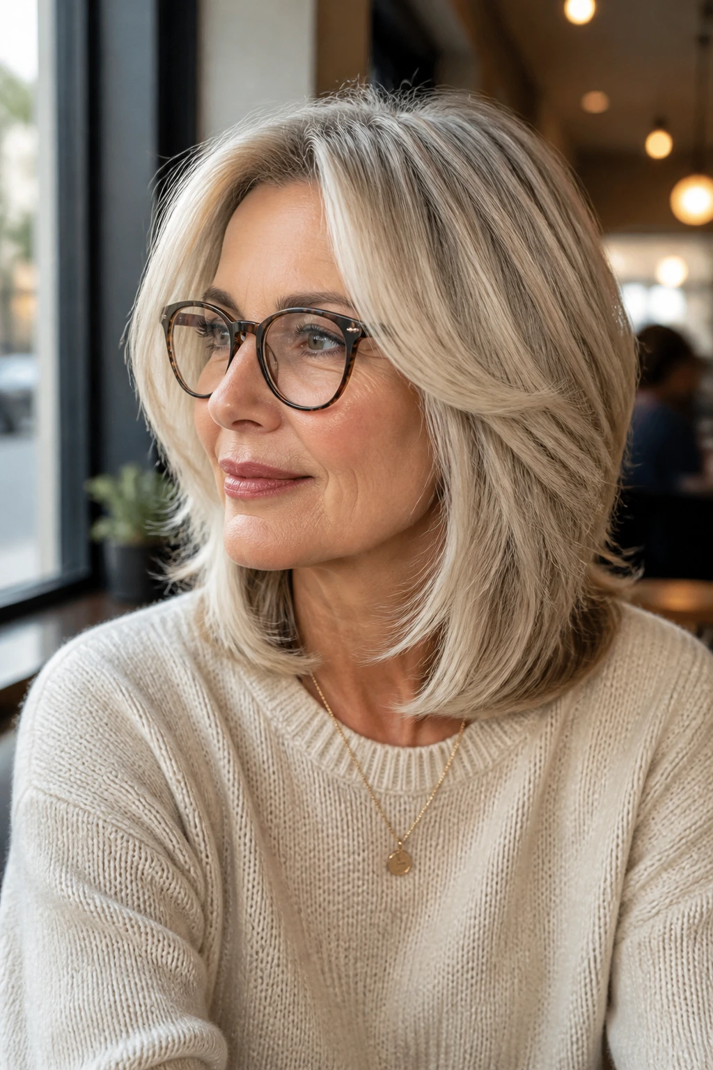 Portrait of a woman with glasses and mid-length layered hair that avoids frame crowding.