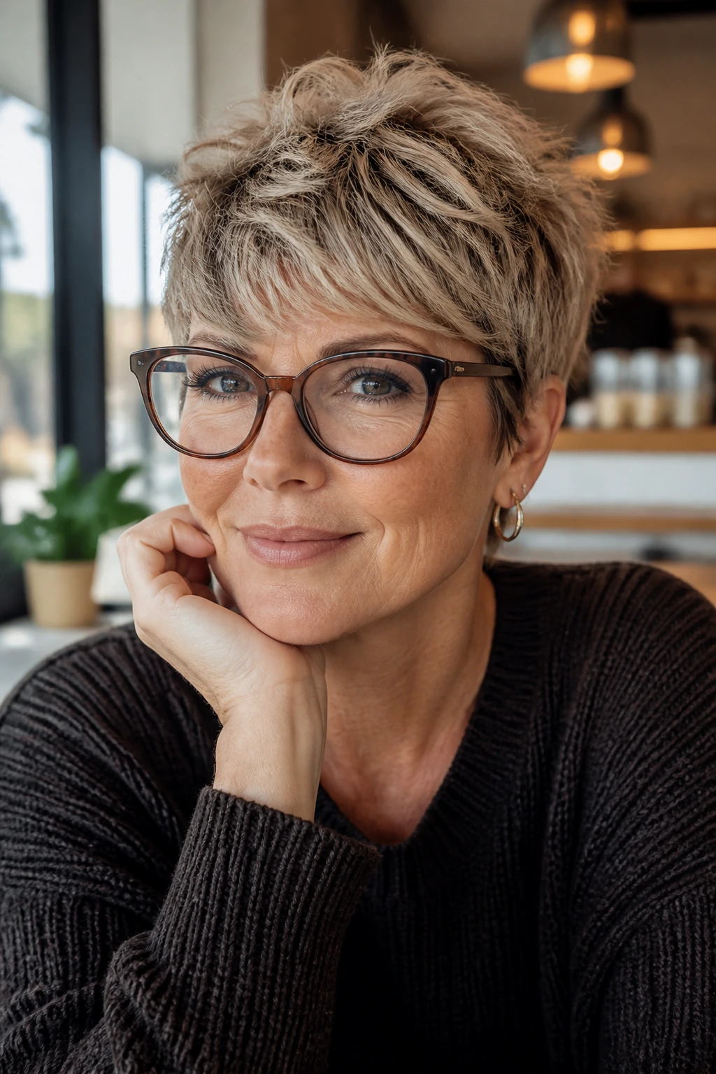 Close-up of a real woman with glasses-friendly pixie hairstyle