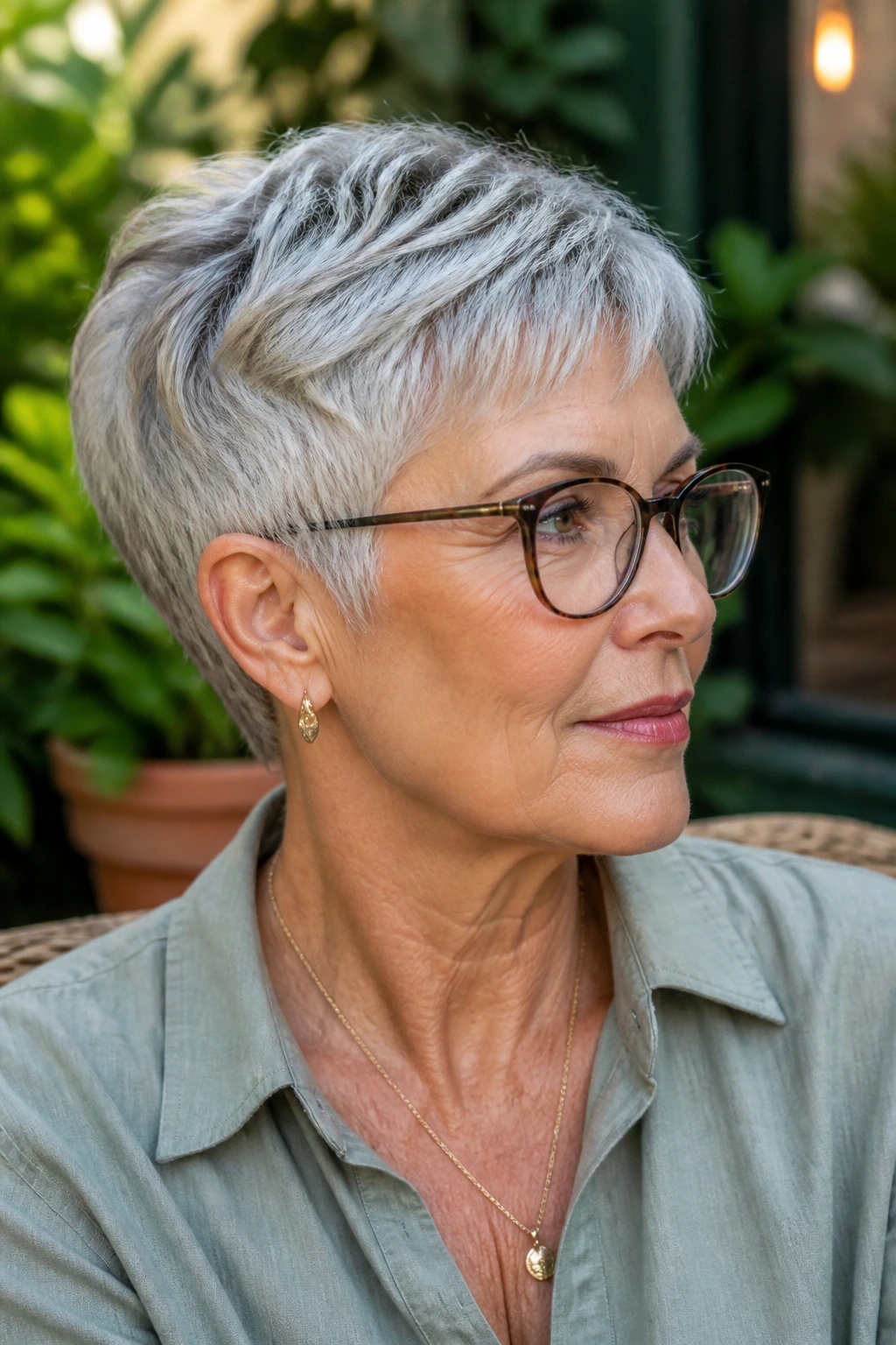 Portrait of a woman with glasses and a glasses-friendly pixie at the temples.