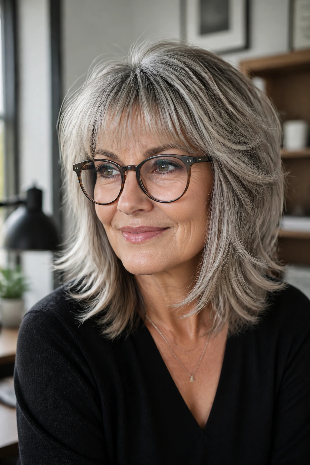 Close-up portrait of a real woman with glasses and a glasses-friendly shag