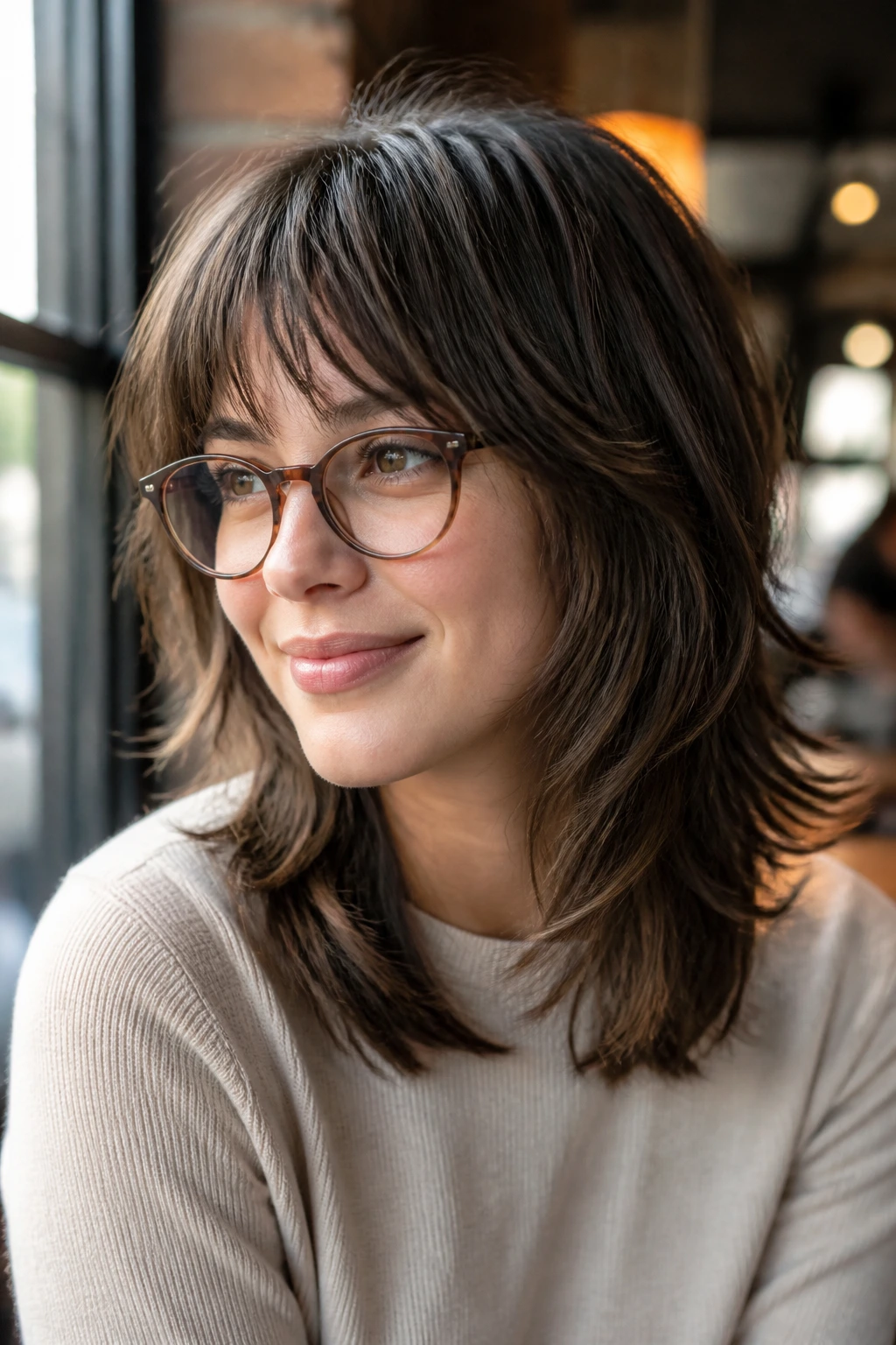 Close-up portrait of a real woman with a glasses-friendly shag showing temple clearance