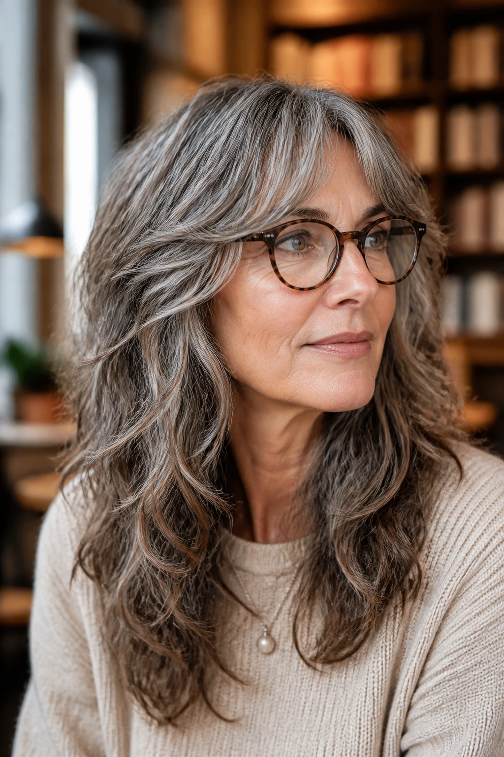 Close-up of real woman with temple-skimming shag and glasses