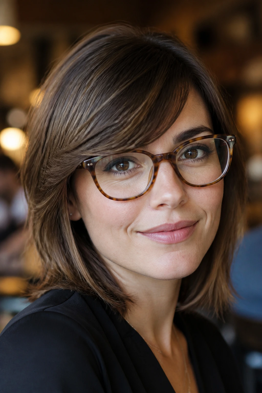 Portrait of a real person wearing glasses with a side-swept bang above the frame.