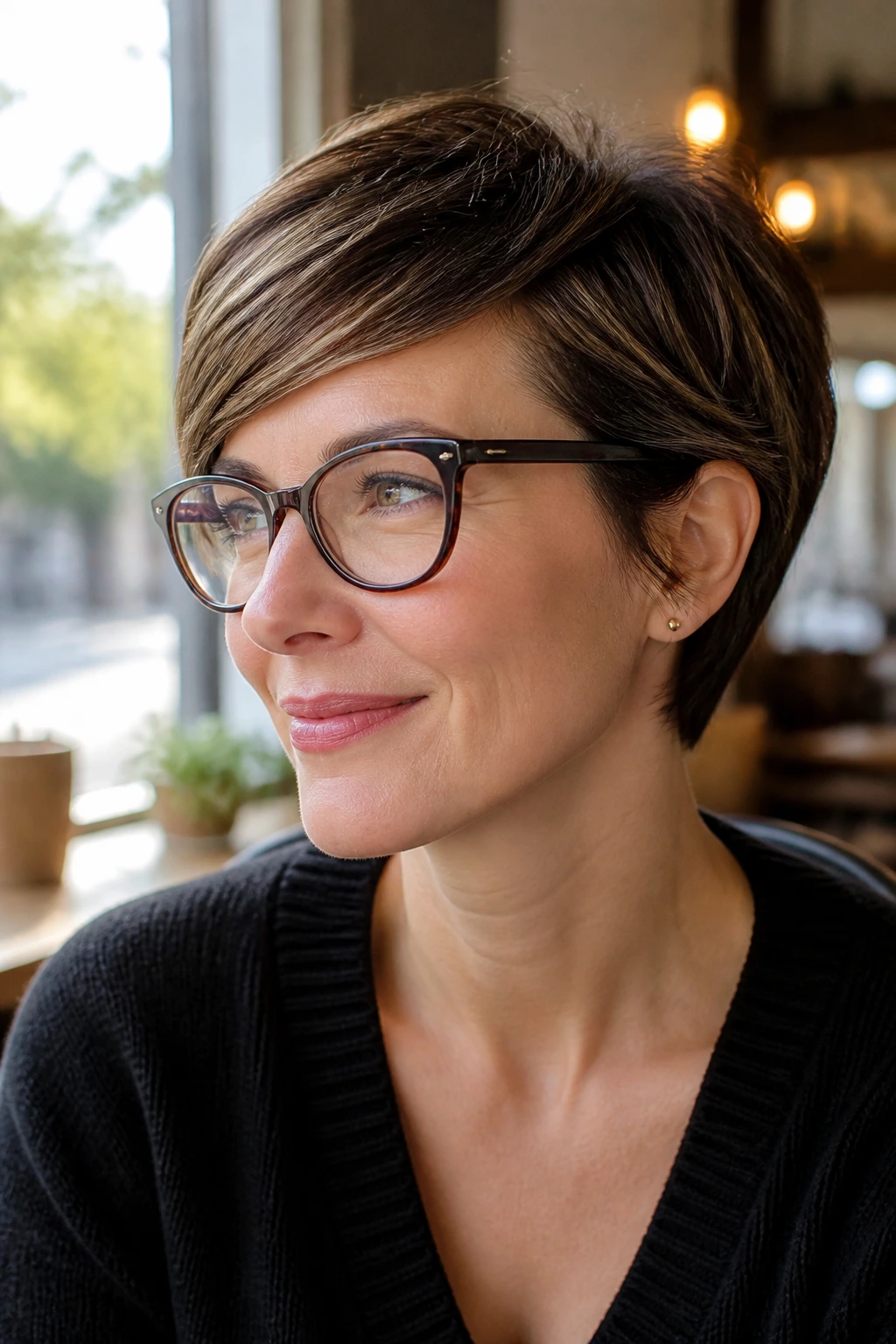Real woman with glasses and a side-swept fringe above the frame line.