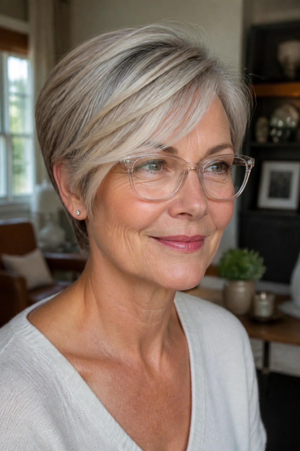 Close-up of a real woman with a pixie bob and glasses, showcasing a glasses-friendly sweep hairstyle