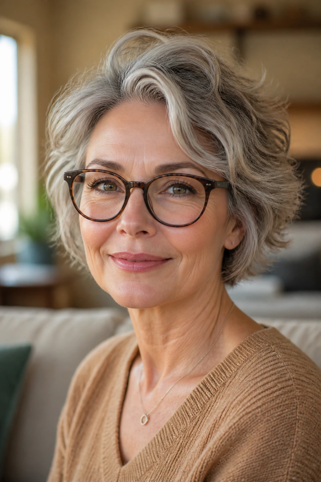 Real woman with wave-cut hairstyle and glasses in a softly lit living room