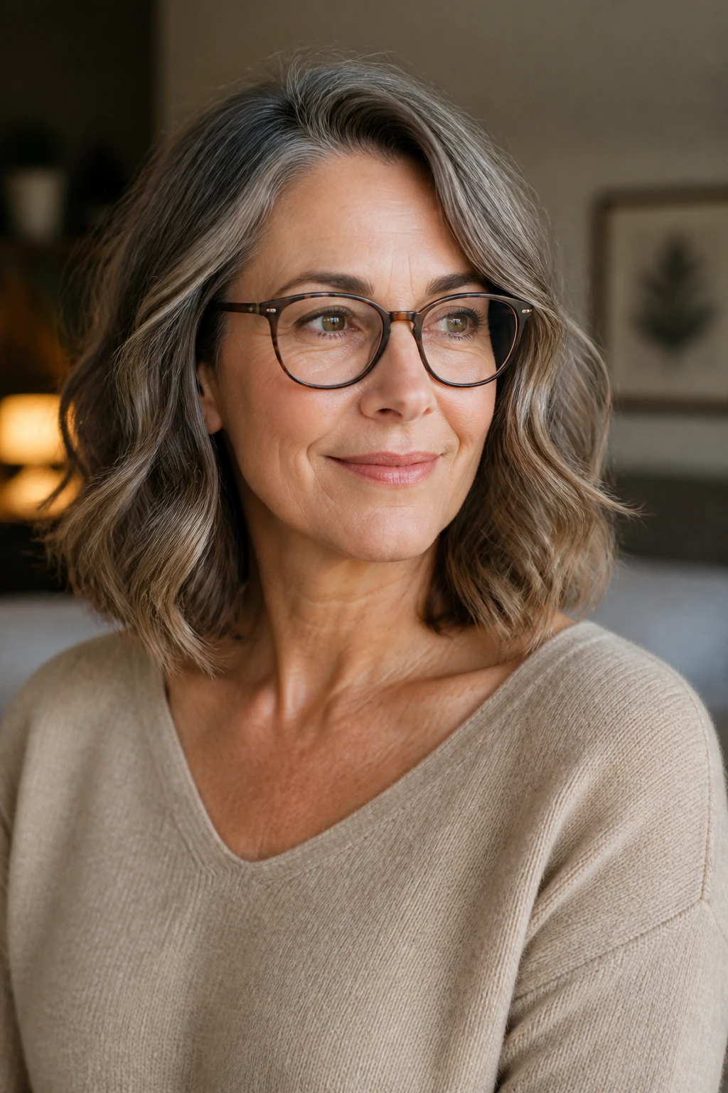 Close-up of a real woman wearing glasses with a wavy lob