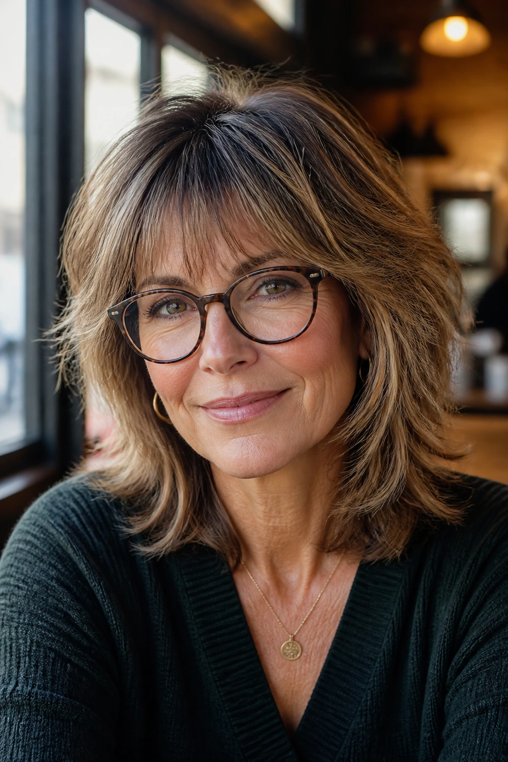 Close-up of a real woman with wispy bangs shag and glasses
