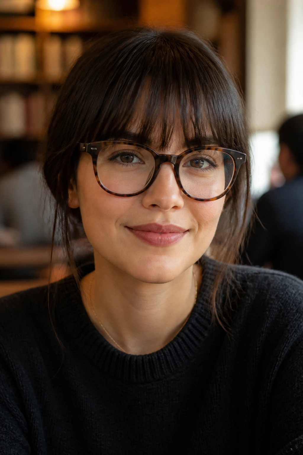 Close-up portrait of a real person wearing glasses with fringe that clears the frames