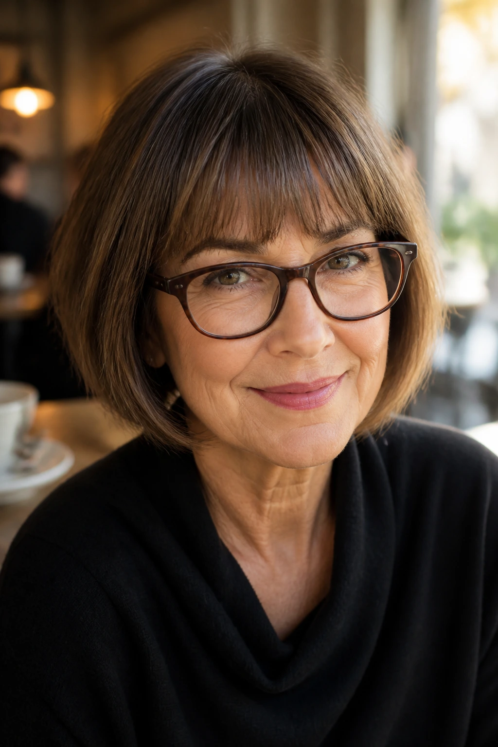 Real woman with glasses and a fringe skimming above frame line