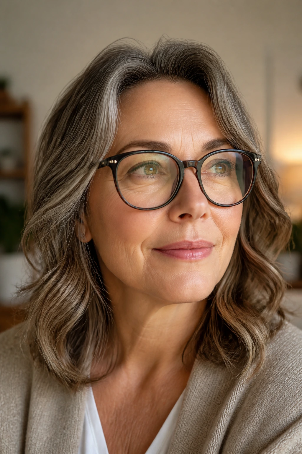 Woman with curtain bangs clearly above glasses frames showing the glasses gap variation