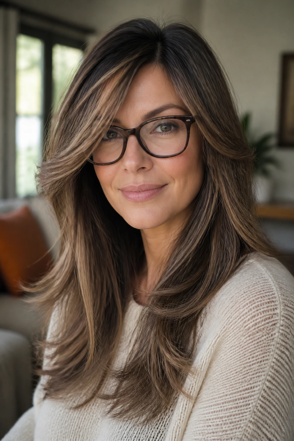 Close-up portrait of a woman with glasses and long layered hair with face-framing pieces