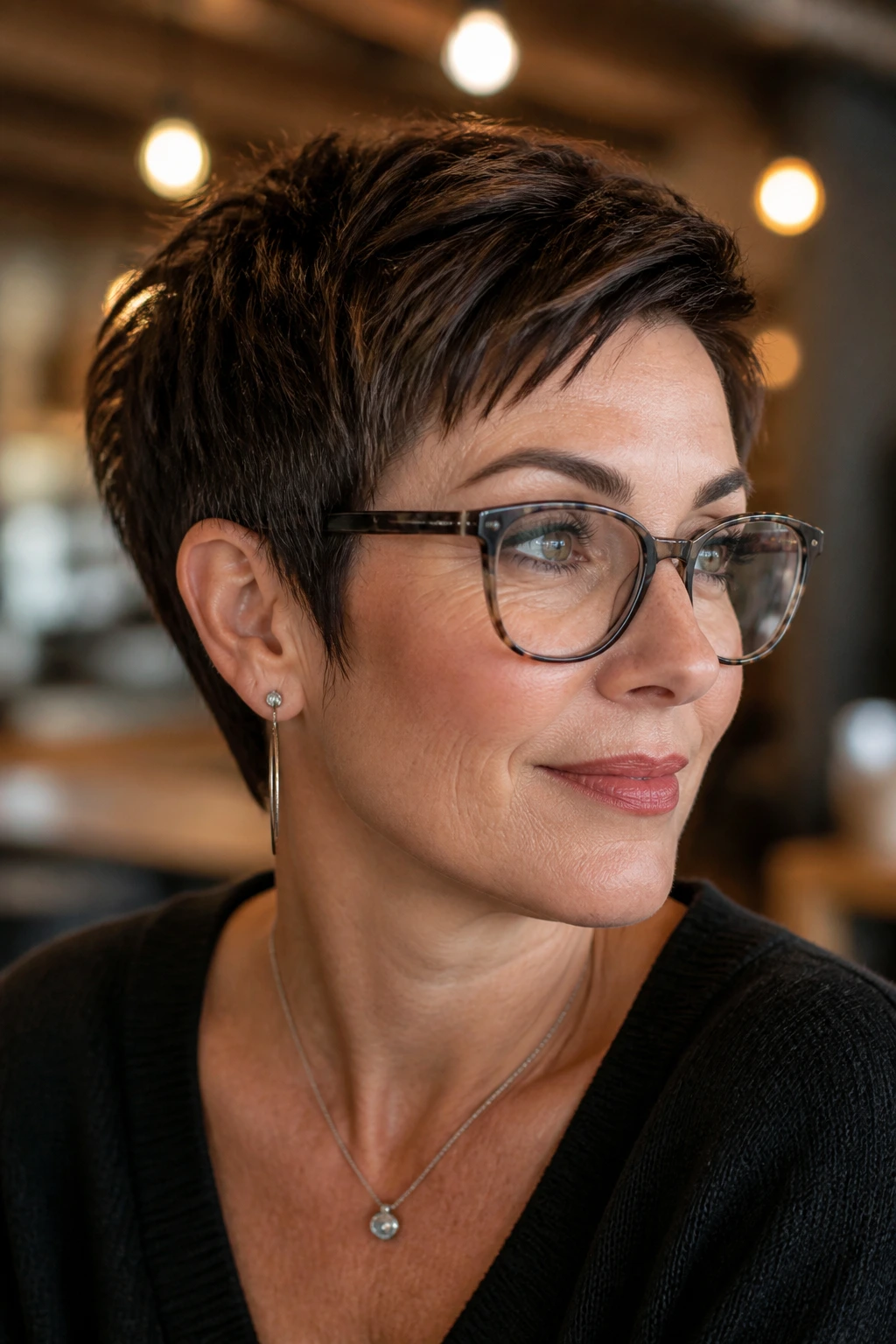 Close-up of glasses-wearing woman with glasses-friendly pixie, longer sideburns and tapered temples