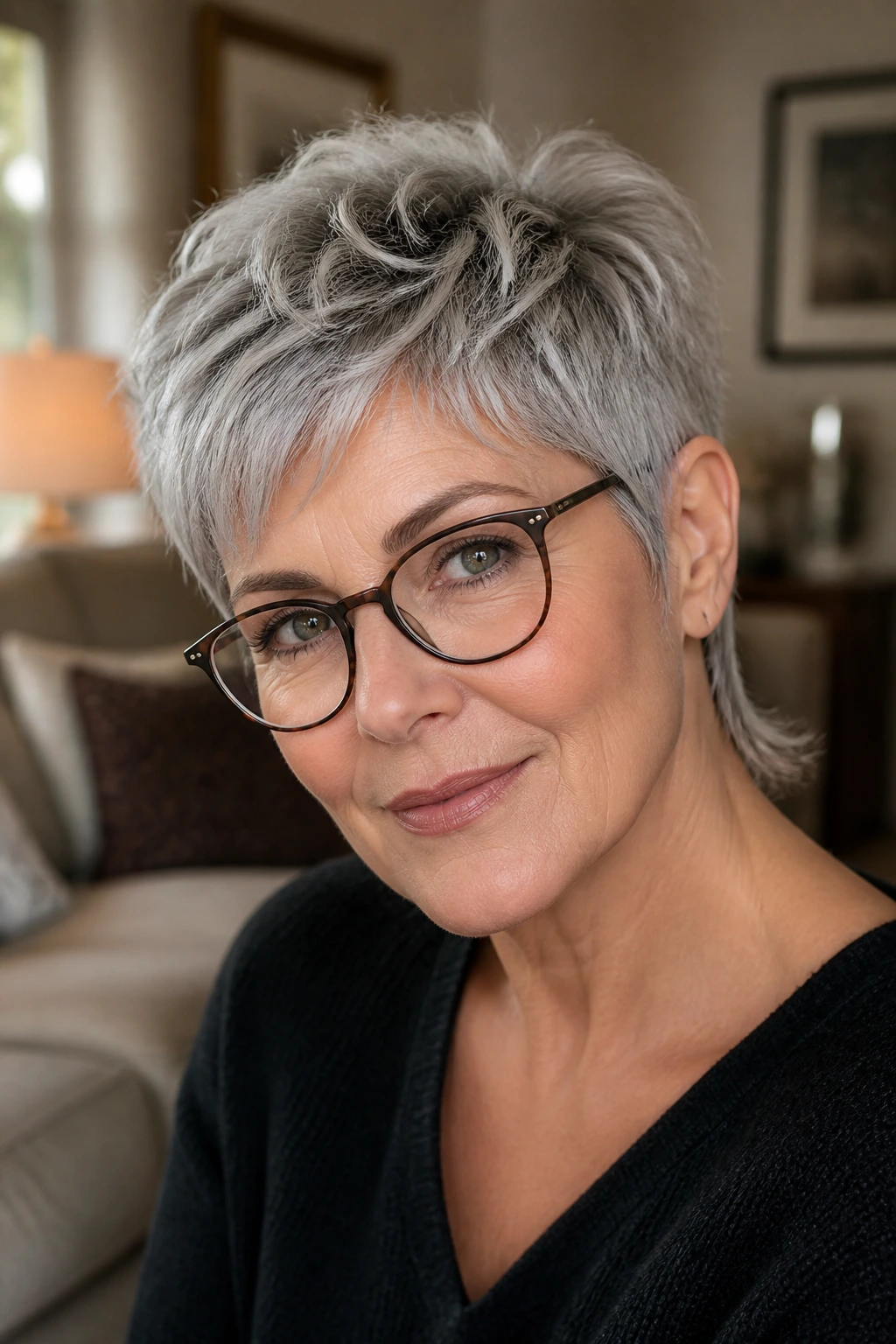 Close-up of an older woman wearing glasses with a glasses-friendly pixie mullet