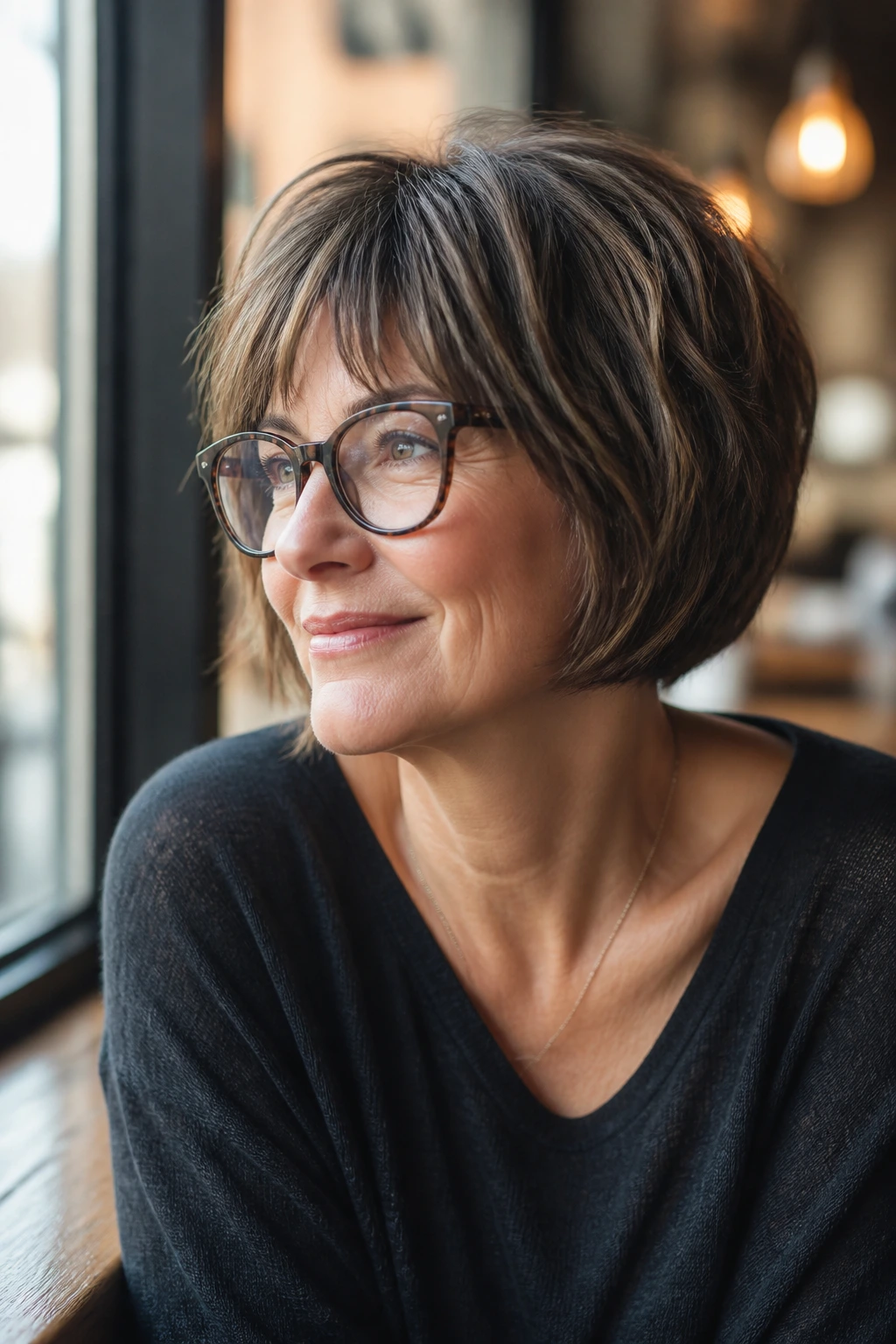 Real woman with glasses wearing rounded shag bob that sits cleanly around frames