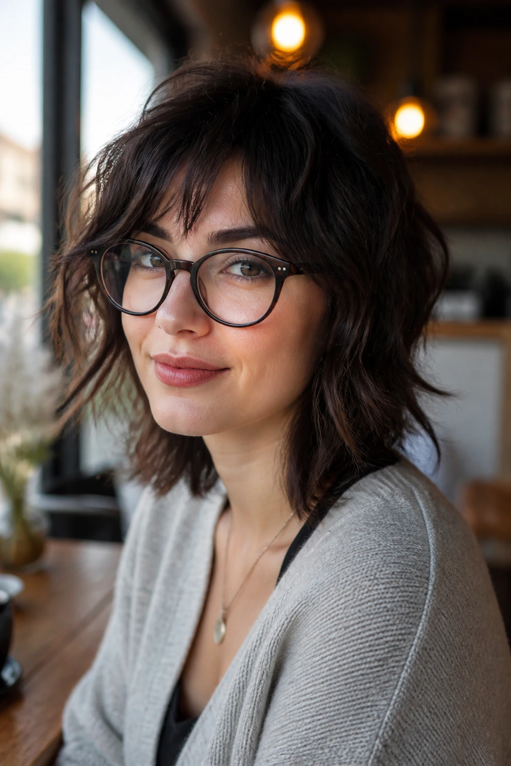 Portrait of a glasses wearer with a flattering shag haircut in a cafe