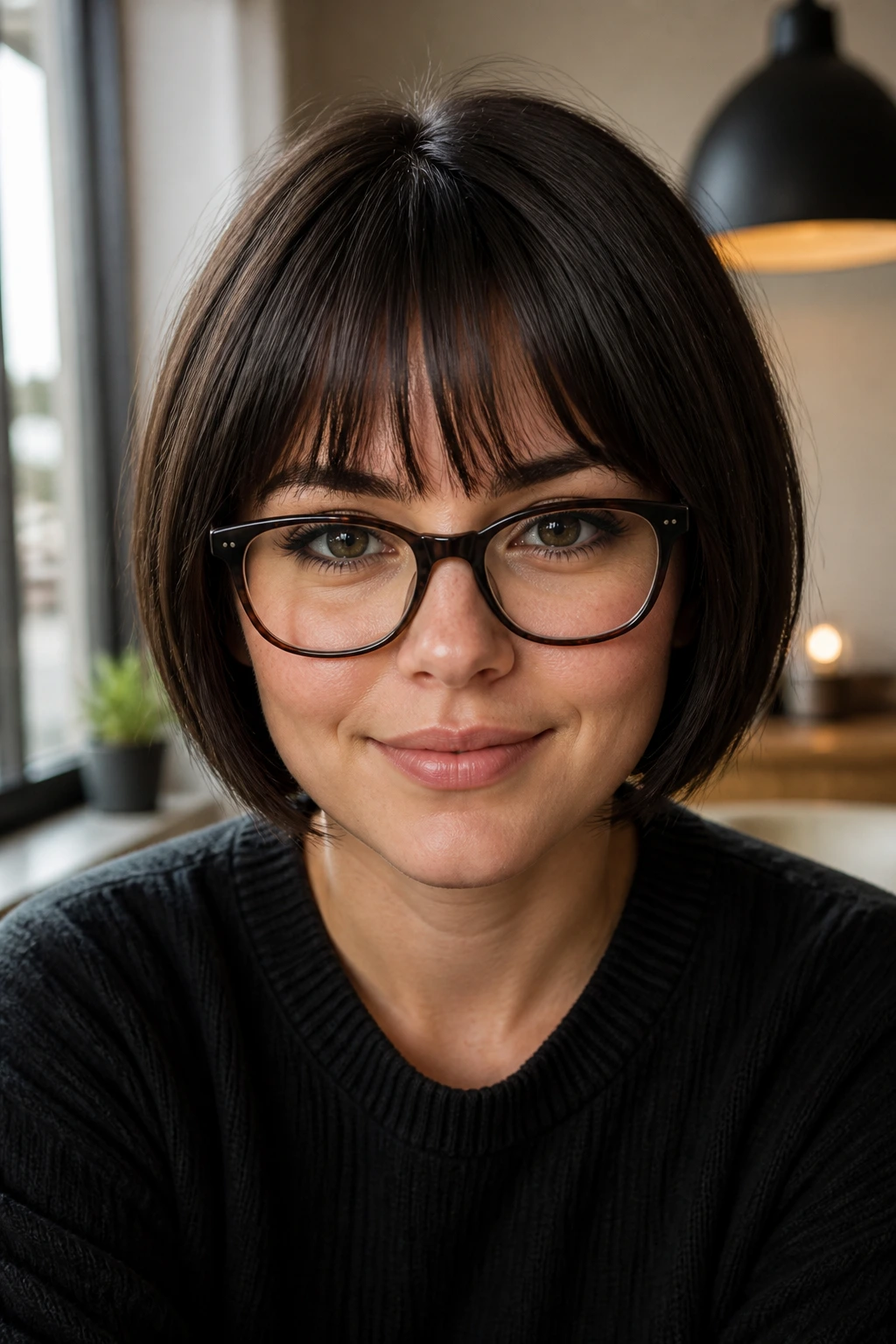 Portrait of a real person with glasses and a short fringe showing a glasses-friendly cut