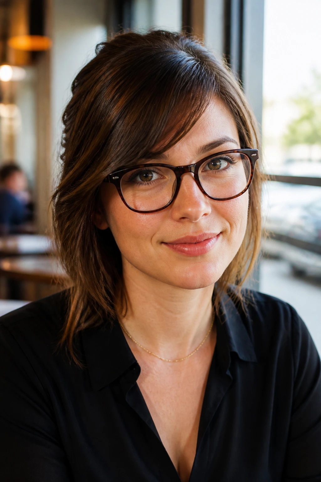 Portrait of a person with side-swept bangs and glasses