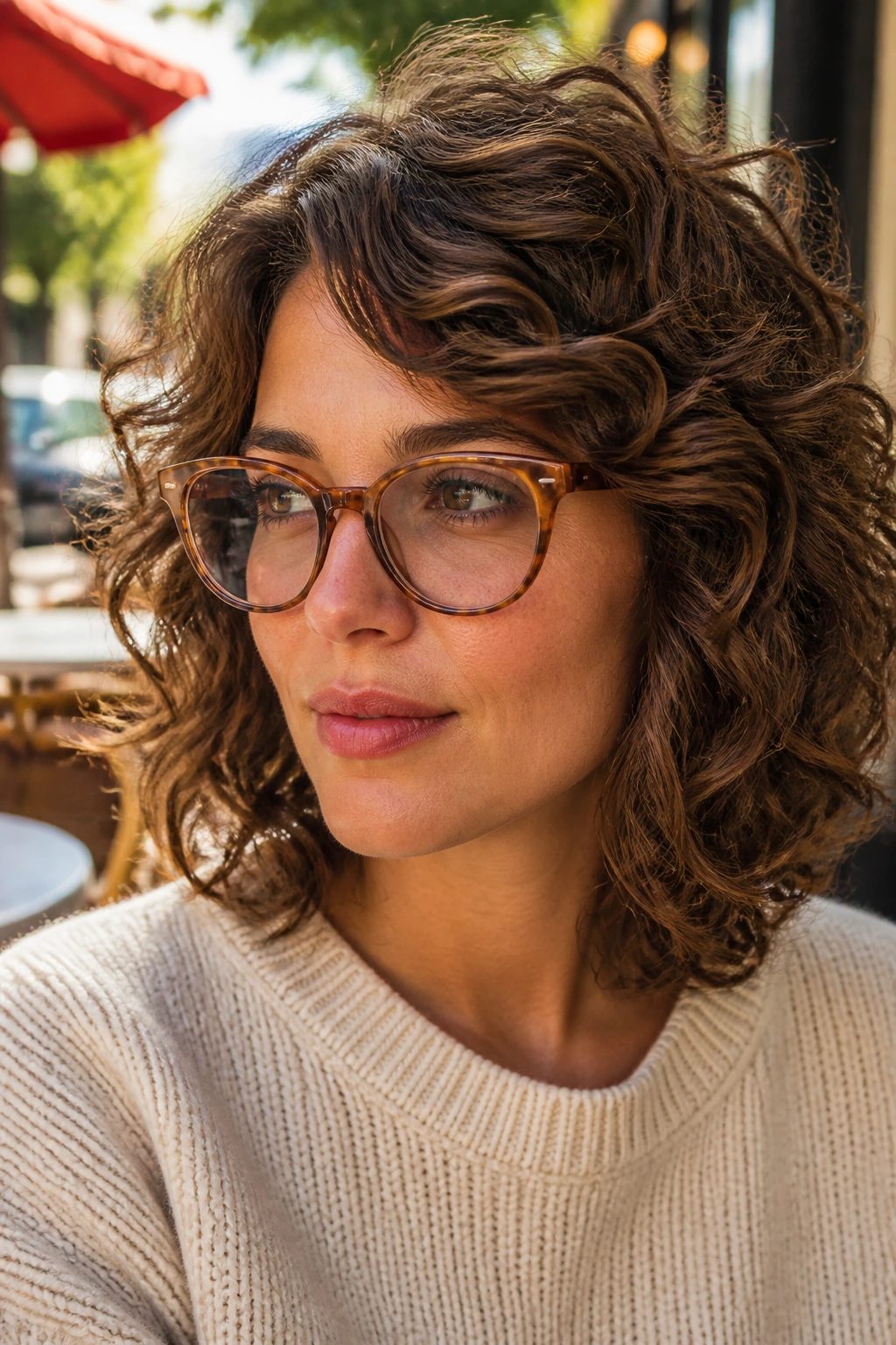 Portrait of real woman with glasses wearing side-lift shag to accommodate frames