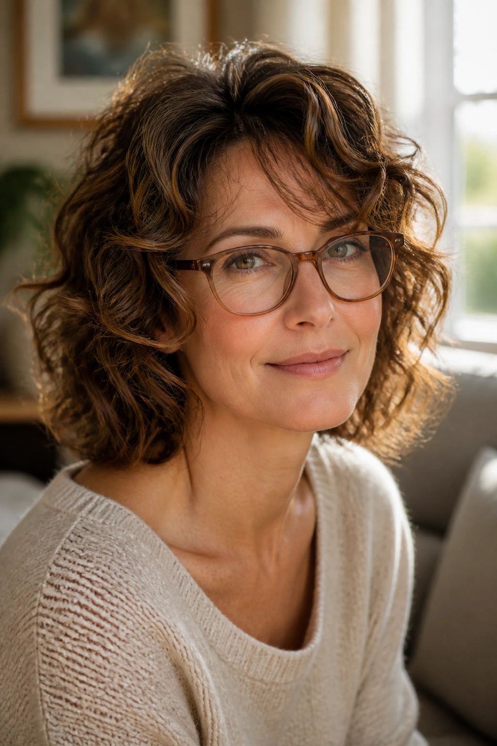 Close-up of a real woman with curly hair in a Glasses-Friendly Sweep around glasses
