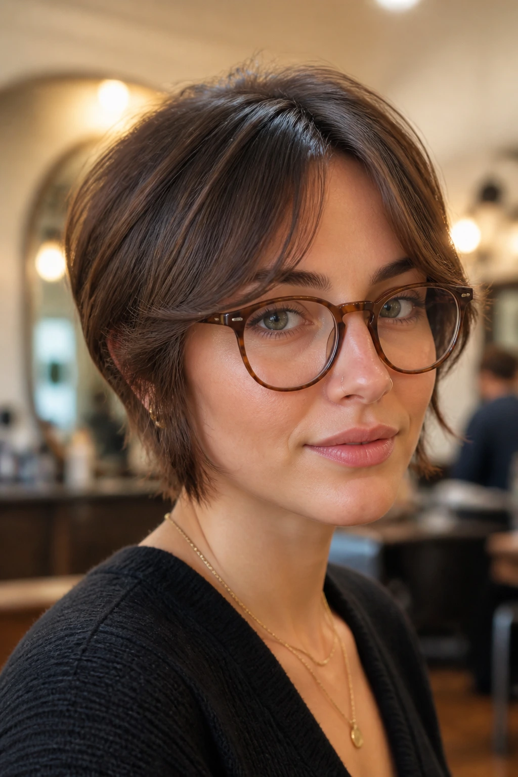 Portrait of a woman with glasses and a swoop fringe clearing the frames