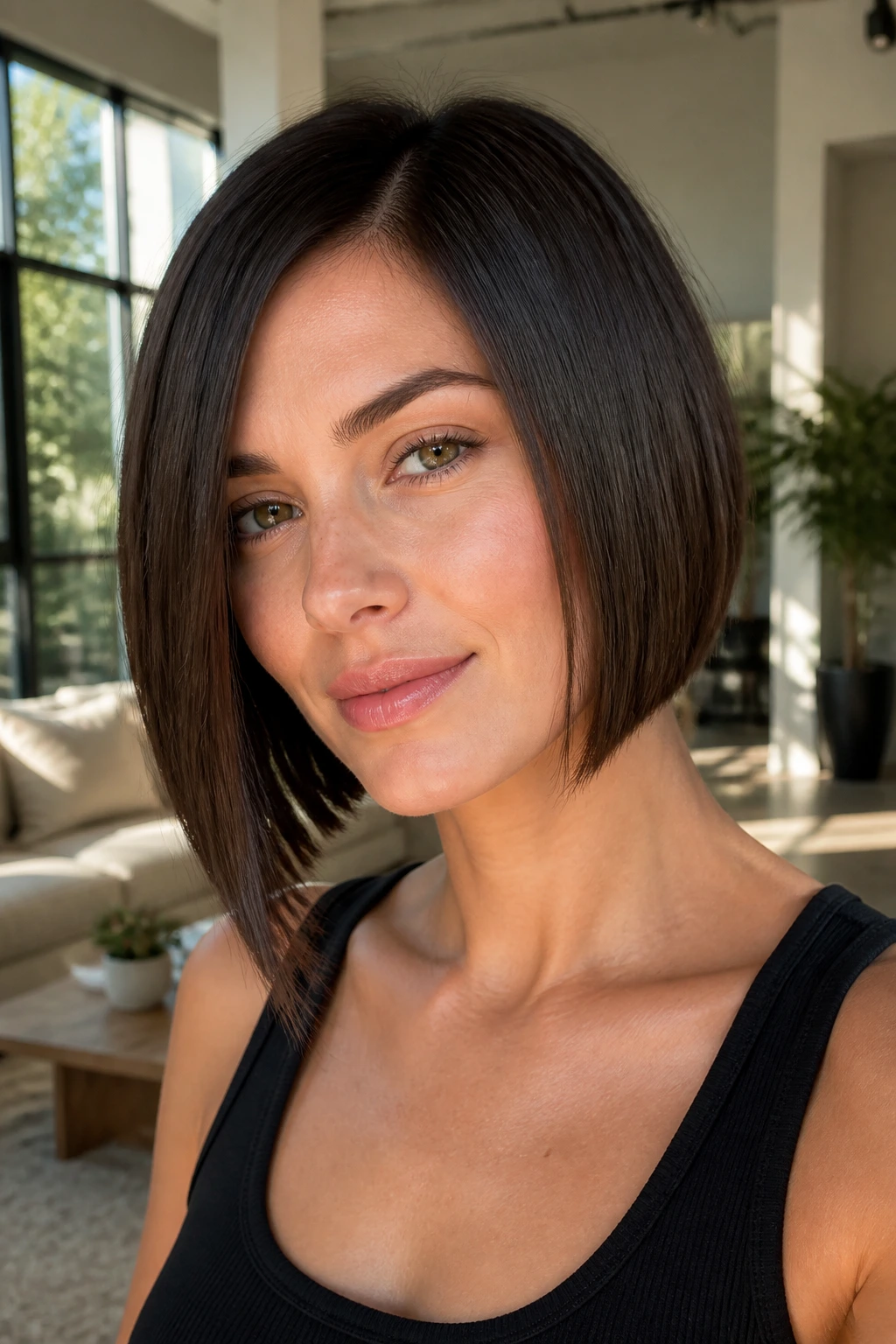 Close-up portrait of a real woman with a glassy angled bob showing a sharp, architectural line.