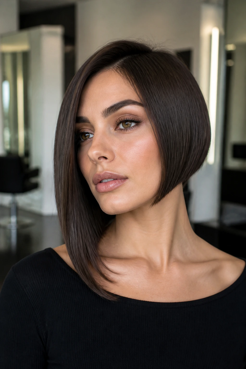Real person with glassy angled asymmetrical bob showing crisp line and shine