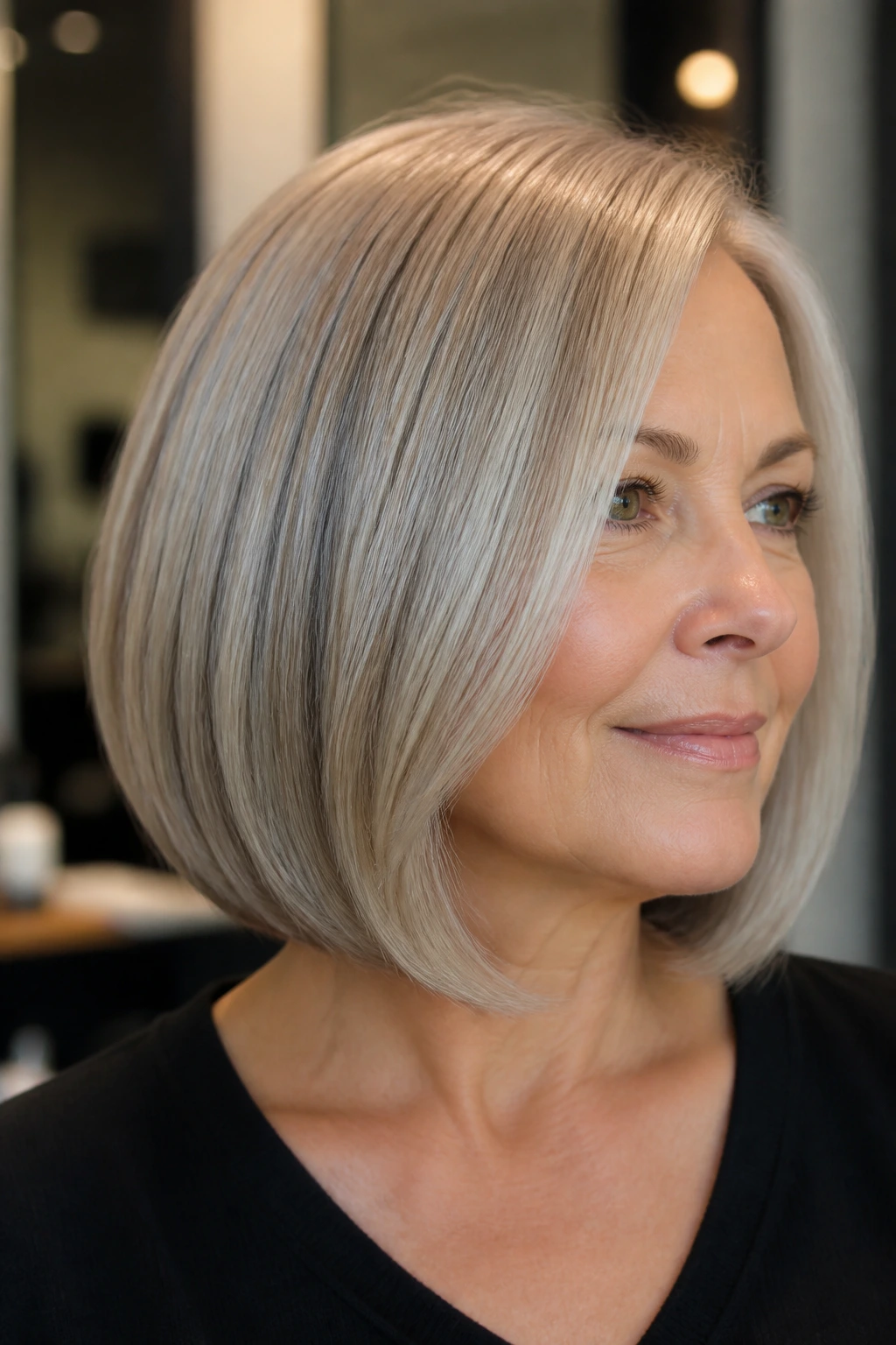 Close-up of a real woman with a glassy blowout bob and smooth surface in a salon-like setting