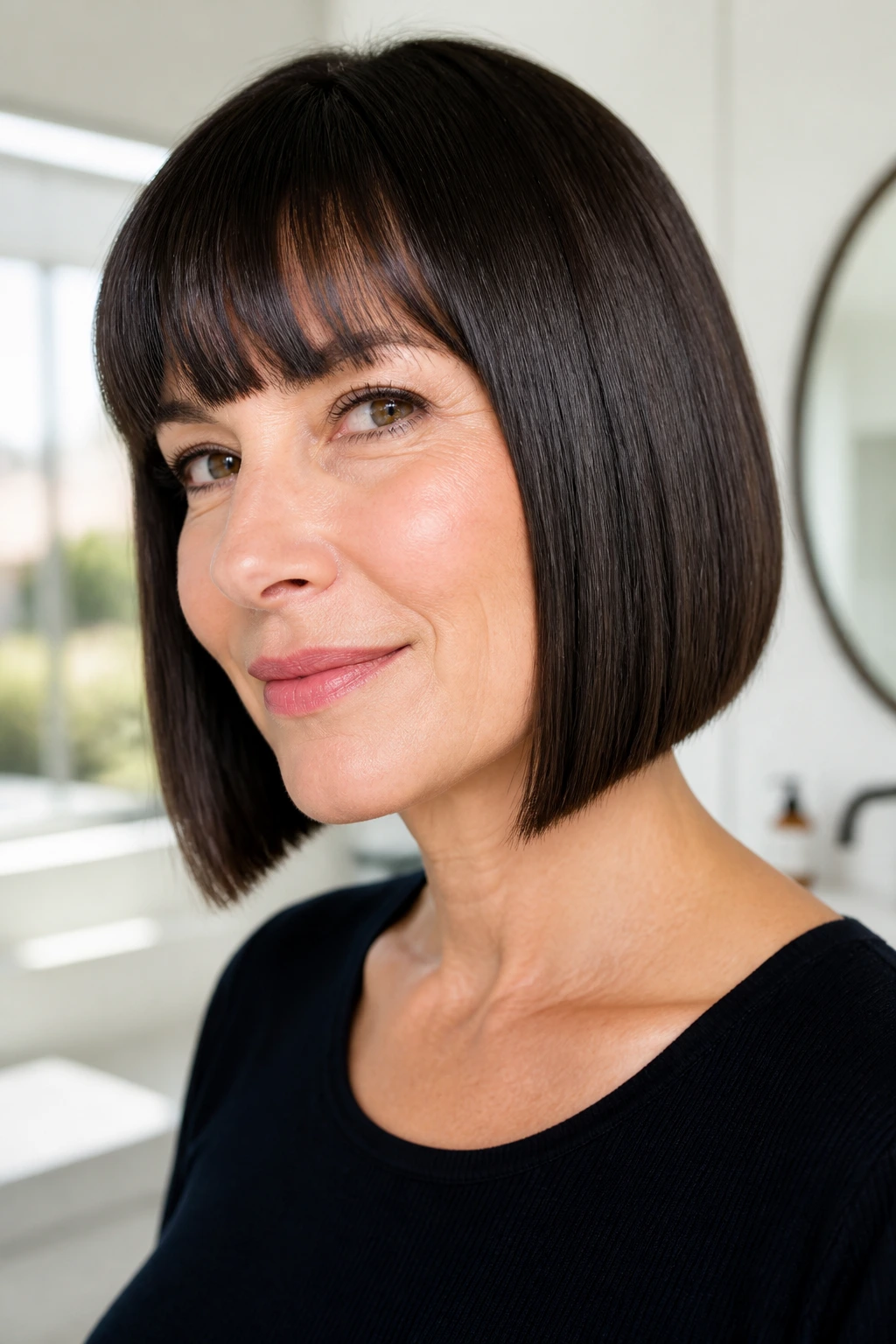 Close-up portrait of a real woman with glassy blunt bob and fringe in bright space