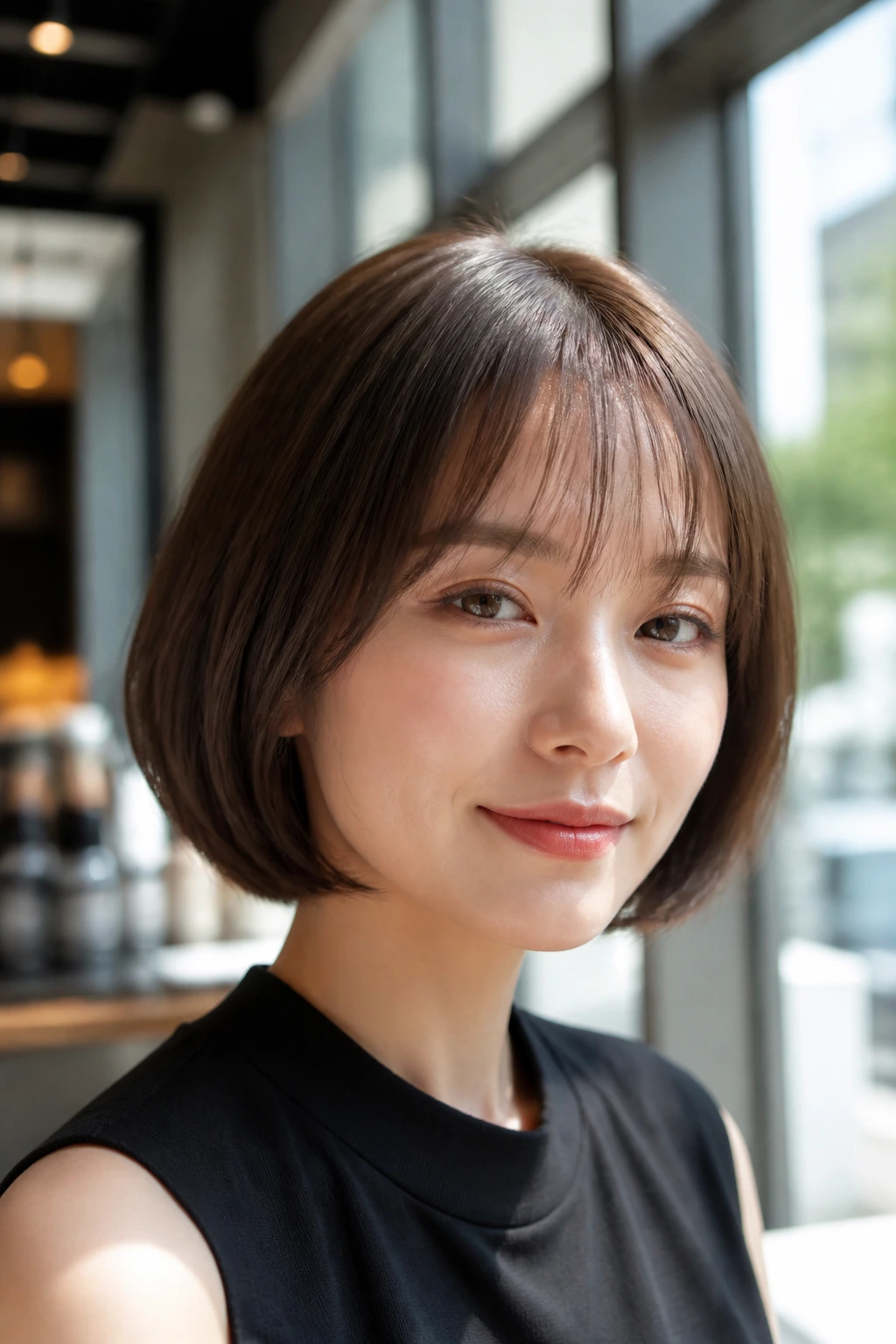 Portrait of a real person with a glossy bob and airy fringe.