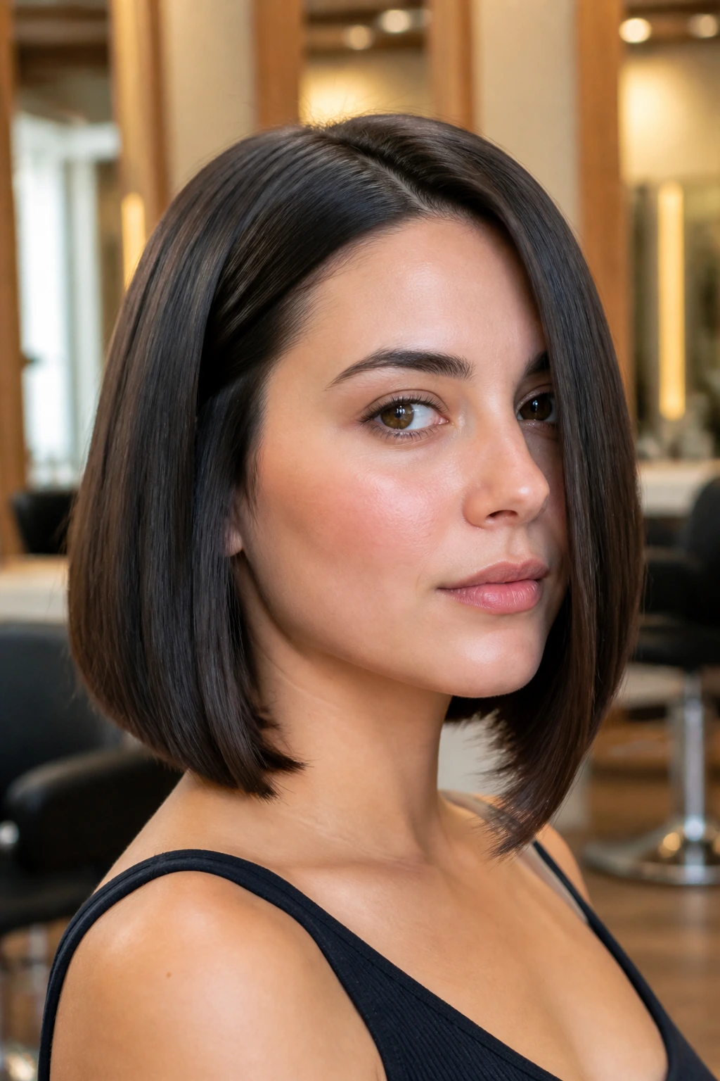 Close-up of a real woman with a glassy straight bob below the jaw in warm salon light