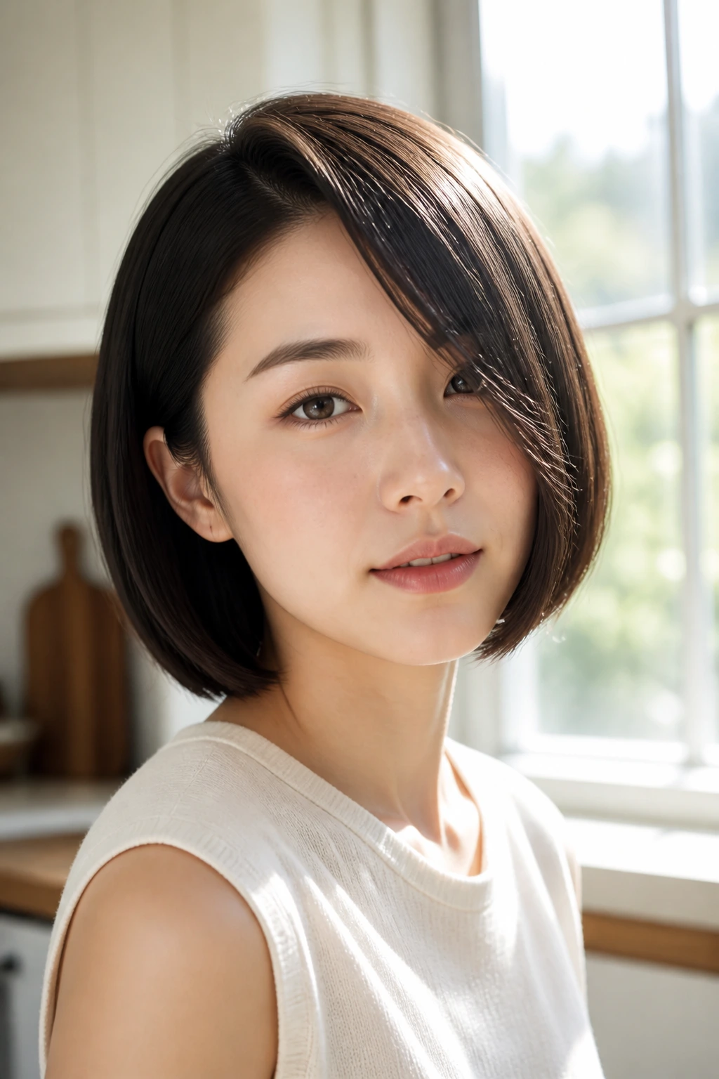Asian woman with glassy chin-length bob and side-swept front