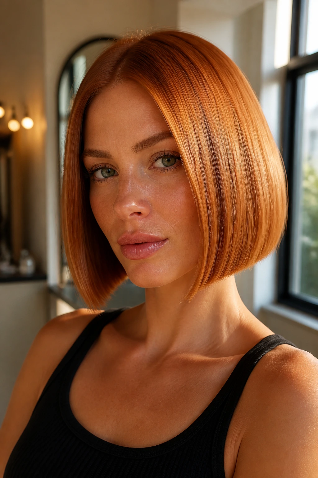 Close-up of a real woman with a blunt glassy copper bob in warm window light
