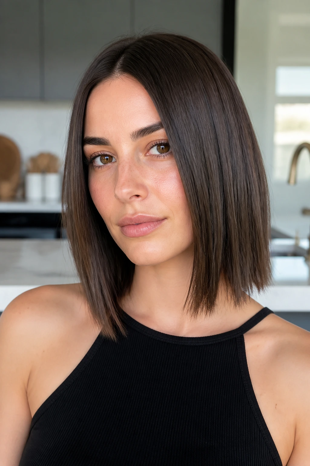 Close-up of a real person with a glassy straight lob and broken ends
