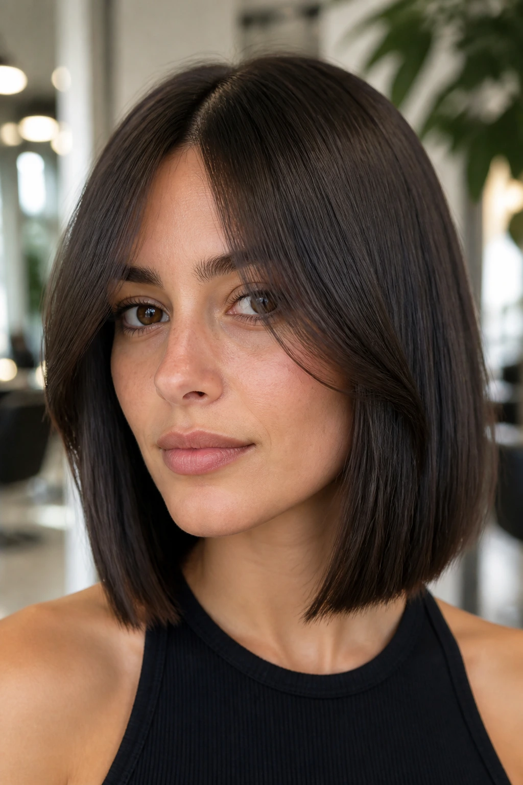 Close-up of a woman with a glassy center-part lob and curtain bangs in bright salon lighting
