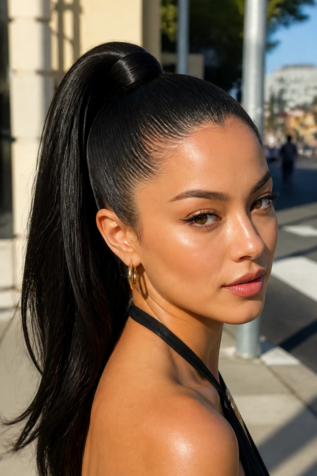 Real woman with a glassy high ponytail in sunlit outdoor setting