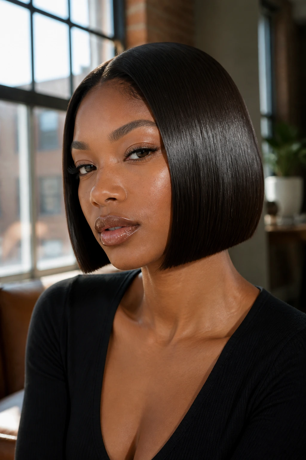 Close-up of a real Black woman with glassy precision bob